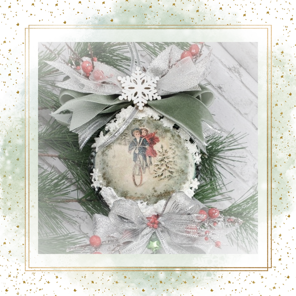 Beautiful DIY Christmas Ornament with Mint green backing, white snow flakes and greenery using supplies for DecoupageNapkins.com