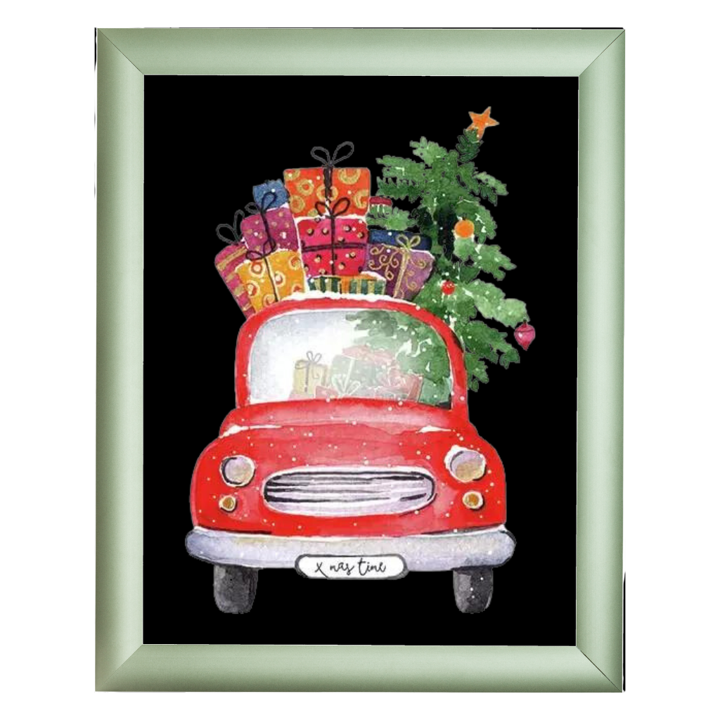 Green frame with dark background and decoupaged red truck with christmas tree.