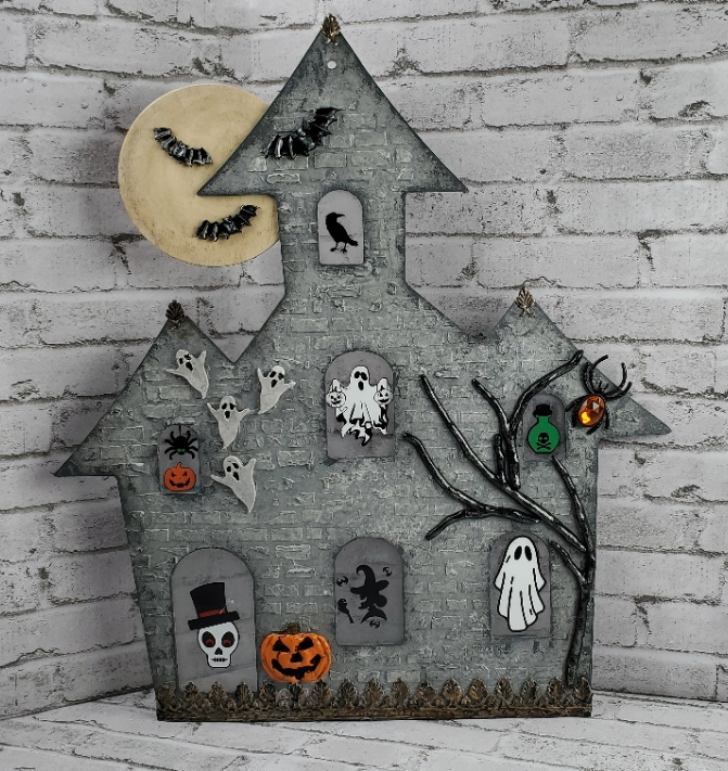spooky haunted house Easy Halloween Mixed Media Project n gray and black