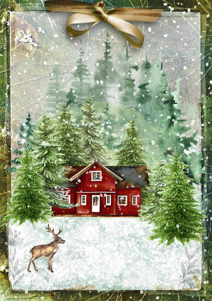 Red house in snow. Seasonal decoupage rice paper in autumn colors and patterns.