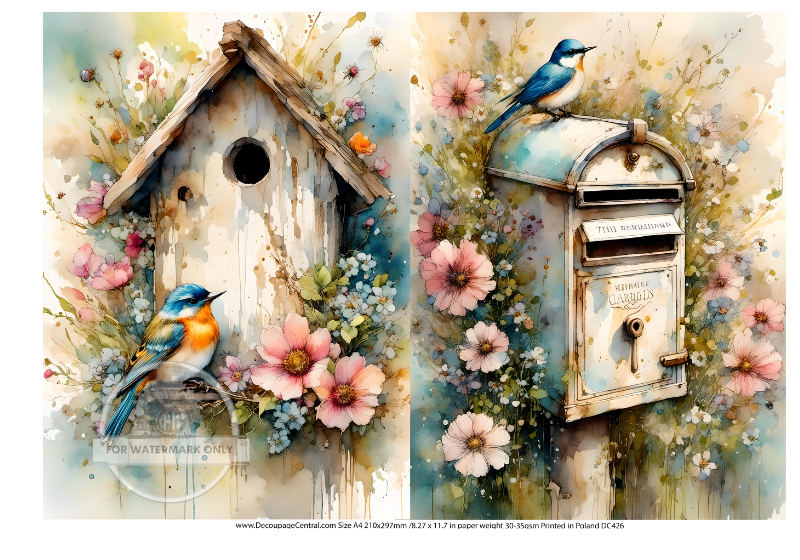 2 images of blue bird on birdhouse and mailbox with soft pastel colors on decoupage rice paper.