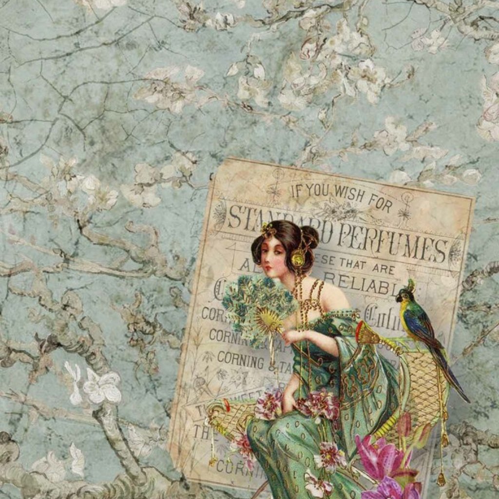 A3 Rice Paper for Decoupage with Blue Floral background and Vintage lady. Great for Decoupage, Mixed Media, Scrapbooking.
