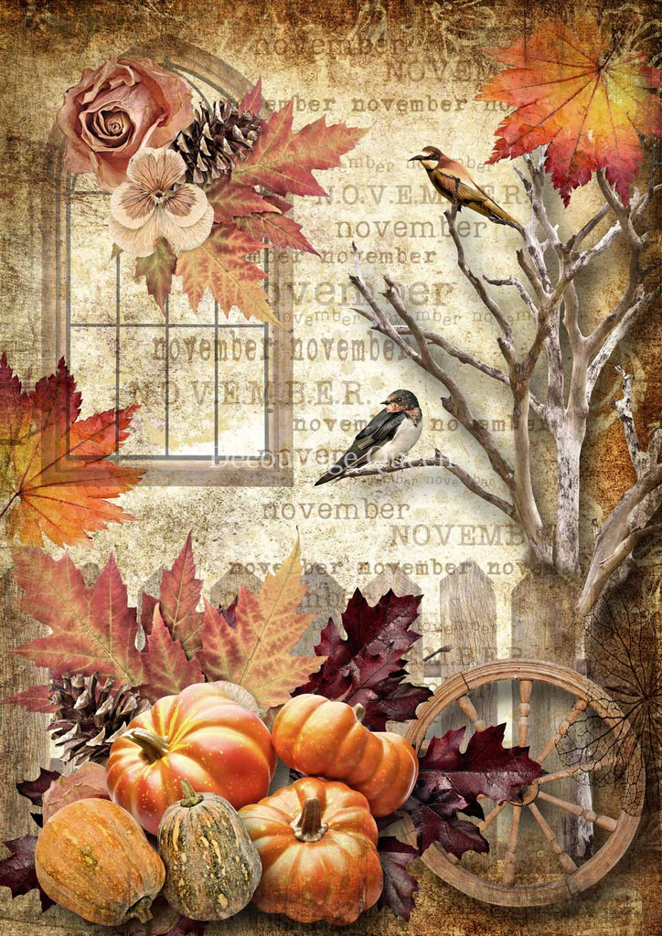 Fall colors orange pumpkins with birds. Decoupage paper for crafting & scrapbooking.