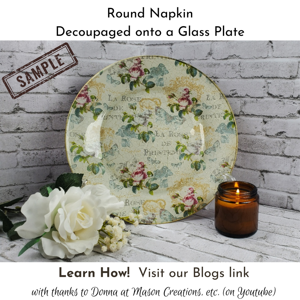 Decoupaged floral plate. Round paper napkin for decoupage.