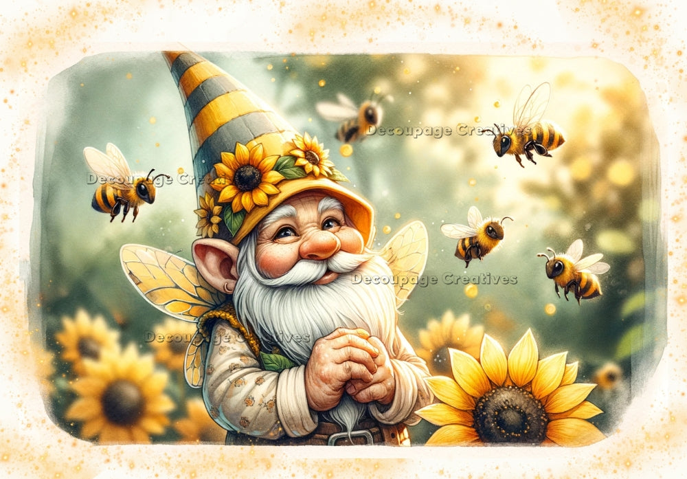 Old gnome with beard, yellow sunflowers and bees. Decoupage Paper Designs A4 rice paper.