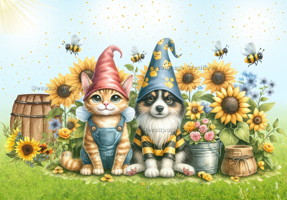 Cat and dog gnome with yellow sunflowers and bees. Decoupage Paper Designs A4 rice paper.