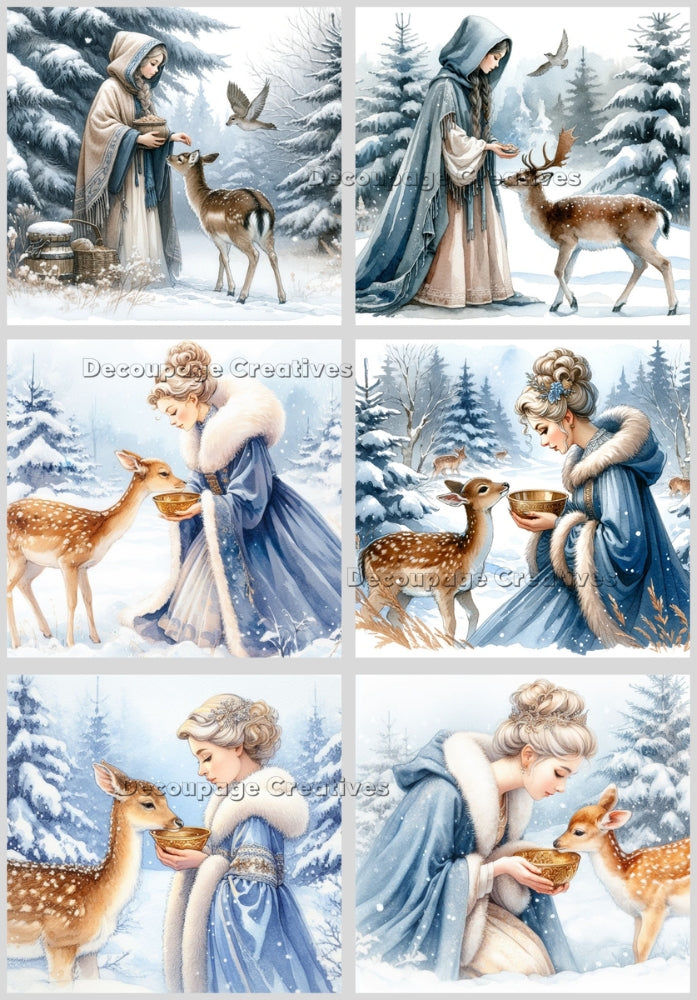 Six scenes of princess in snowy forest feeding a baby deer. Decoupage Paper Designs A4 rice paper.