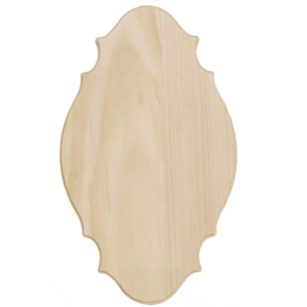 Completely blank and ready for any finish! This 5/8 in. x 8 in. x 13-1/2 in. pine plaque with embellished edges in a classic French Provincial shape
