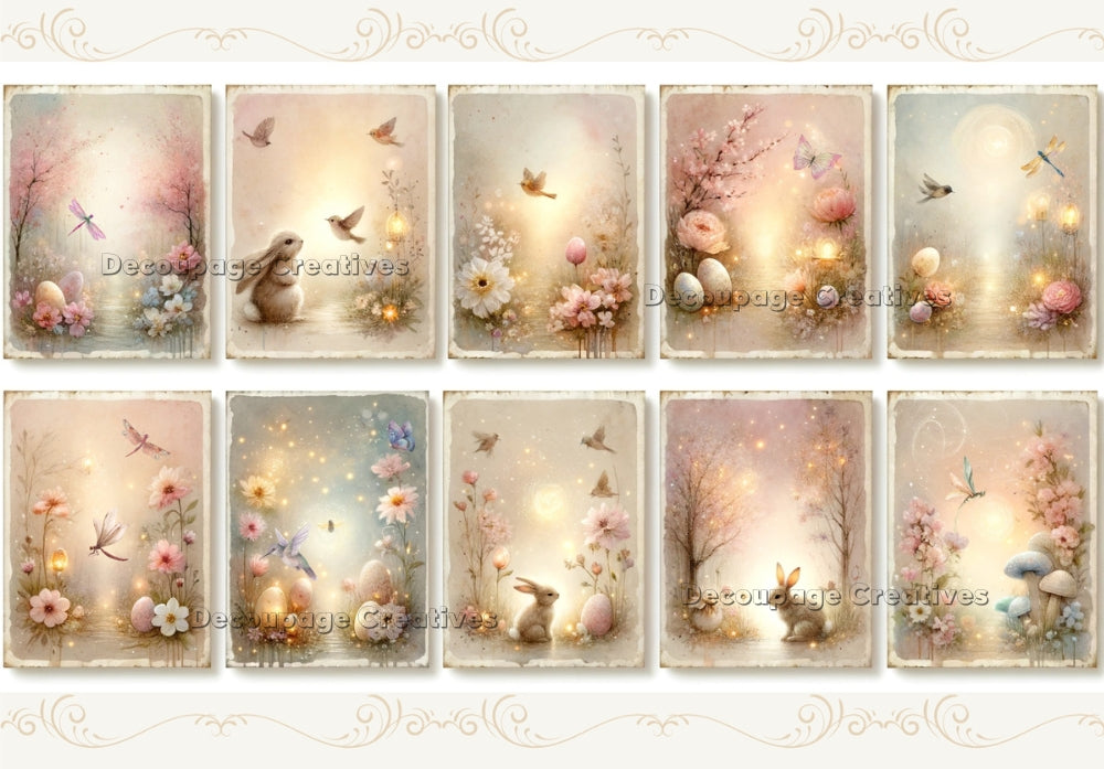 Ten scenes of golden pink magical forest with bunnies, dragonflies, birds and butterflies. Flowers of pink, blue, white. A4 Decoupage Paper for Craft making.