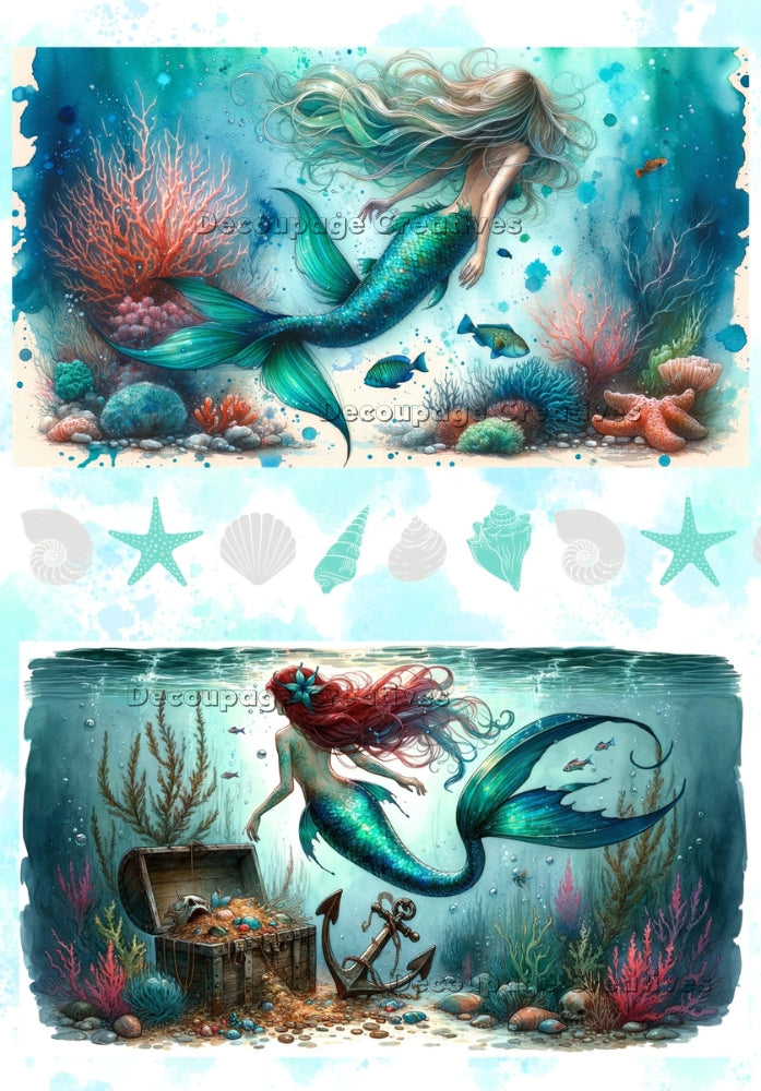 Two images of Mermaid swimming in aqua water with treasure chest. A4 Decoupage Paper for Craft making.