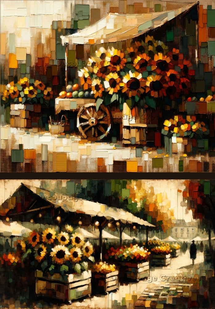 Abstract chunky paint effect of sunflowers in market. A4 Decoupage Paper for Craft making.