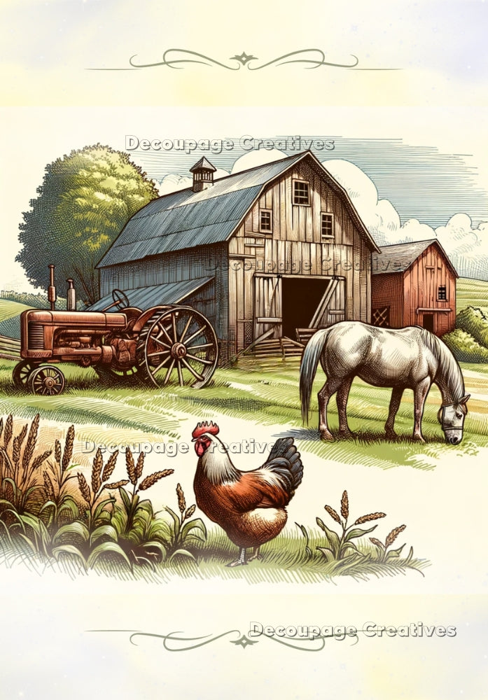 Sketch of brown barn, rooster, tractor and horse. A4 Decoupage Paper for Craft making. paper by Decoupage Creatives