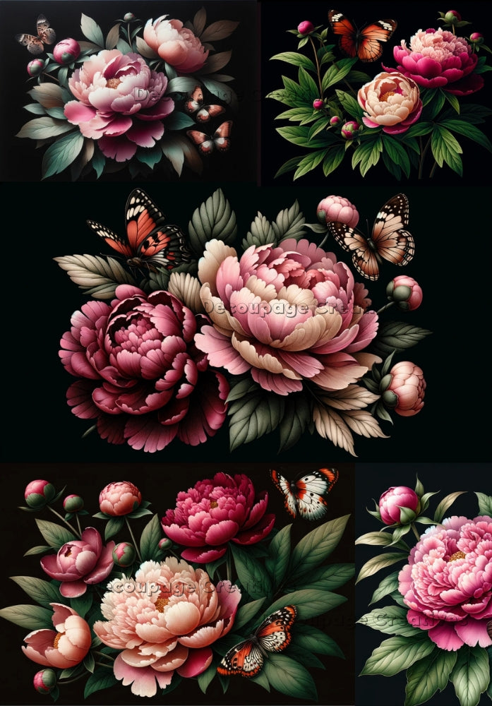 pink peonies on black background decoupage paper by Decoupage Creatives