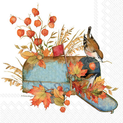 gray mailbox with red and orange fall leaves on white Decoupage Craft Paper Napkin for Mixed Media, Scrapbooking