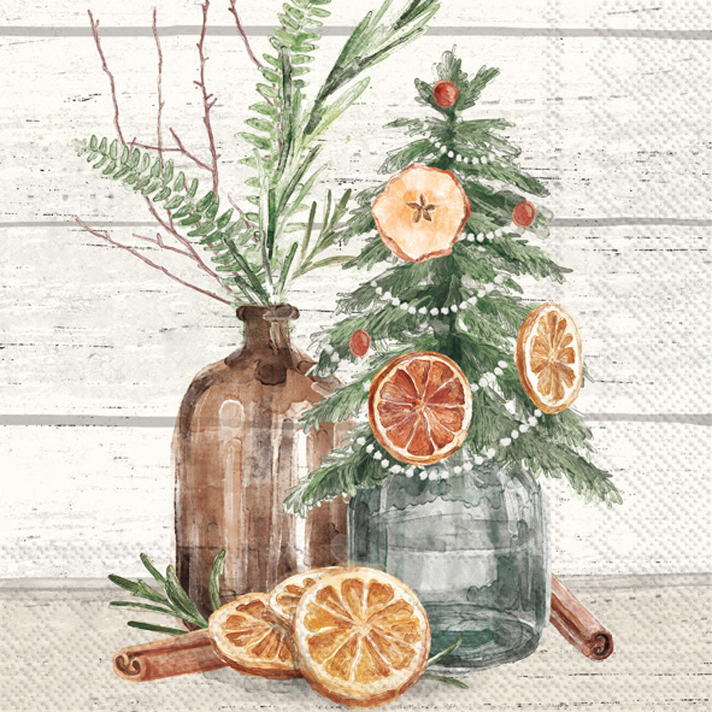 small Christmas treed in bottle with orange slices and evergreen sprig  Decoupage Napkin