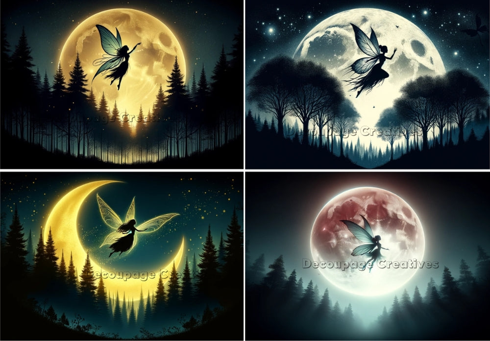 four scenes of fairs silhouetted in the night sky in front of the moon decoupage paper by Decoupage Creatives