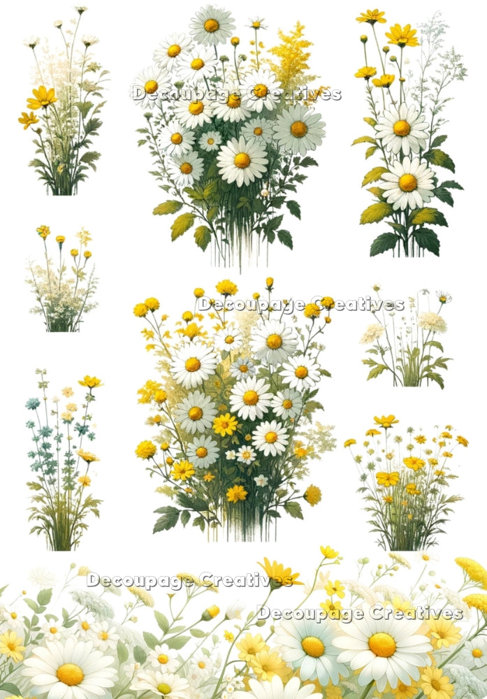 various bunches of yellow and white daises decoupage paper by Decoupage Creatives