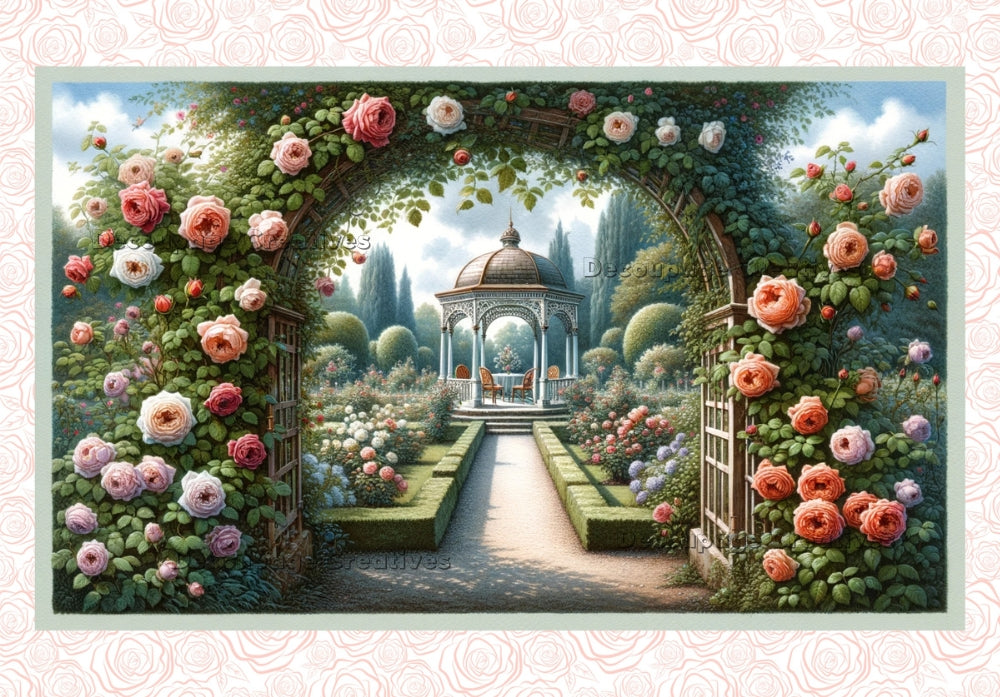 Garden Arch of Roses showing a garden path to a gazebo decoupage paper by Decoupage
