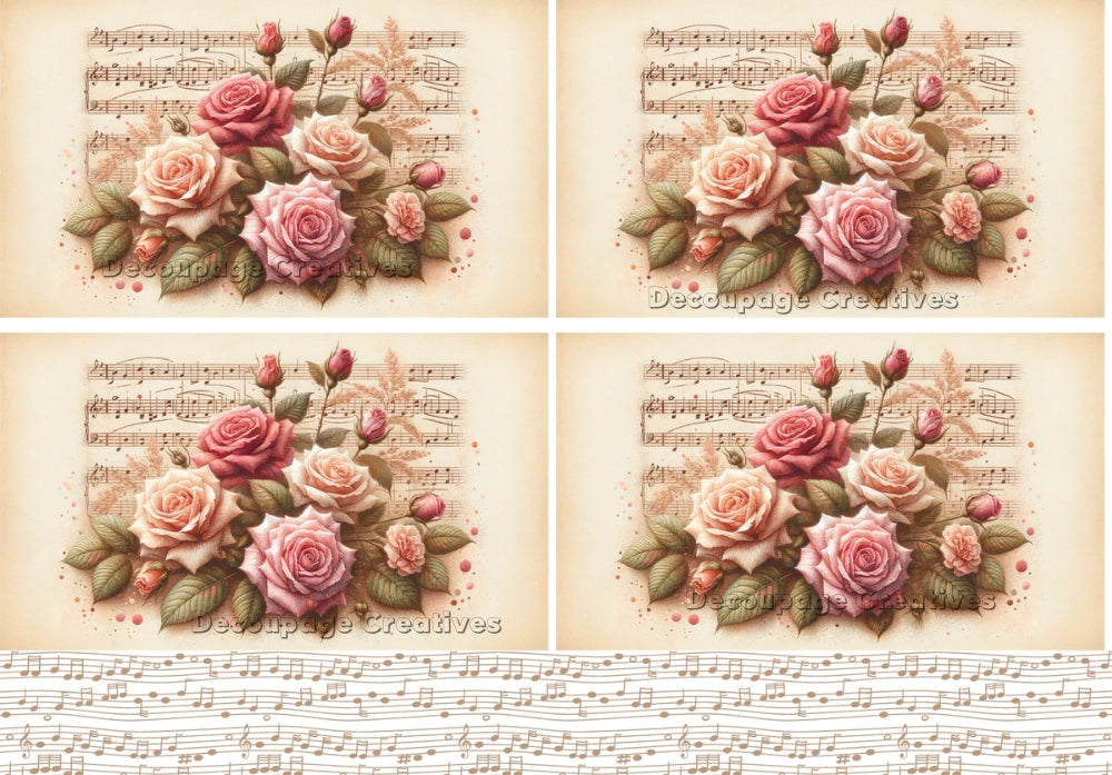 beautiful red and pink rose bouquet on sheet music decoupage paper by Decoupage Creatives