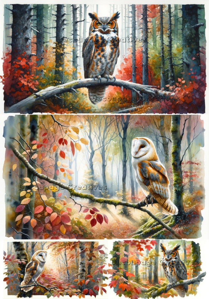 owls on branches in an autumn forest decoupage paper by Decoupage Creatives