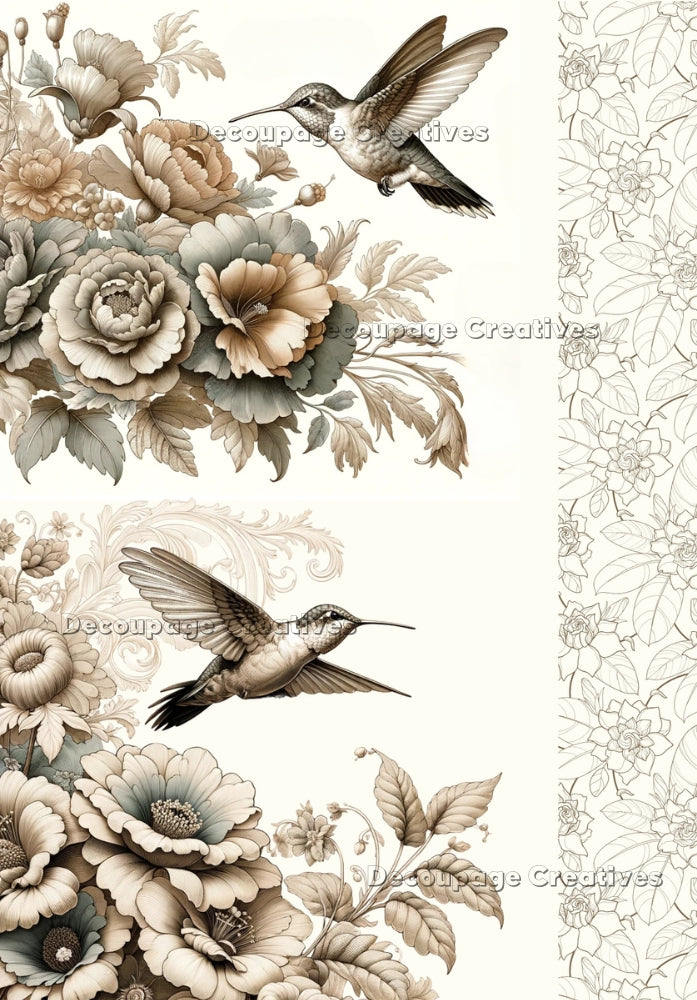 vintage Gardenias and hummingbirds decoupage paper by Decoupage Creatives