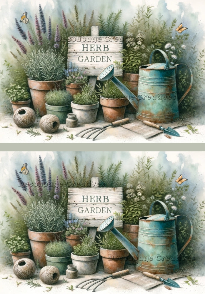 erb pots in front of sign that says herb garden decoupage paper by Decoupage Creatives