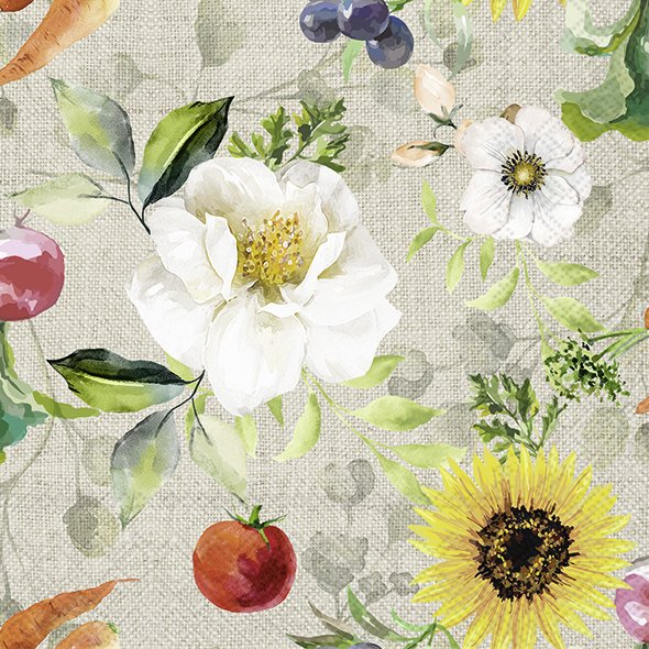 White and yellow flowers, carrots and tomatoes on linen background. A decorative paper napkin for Decoupage crafting.