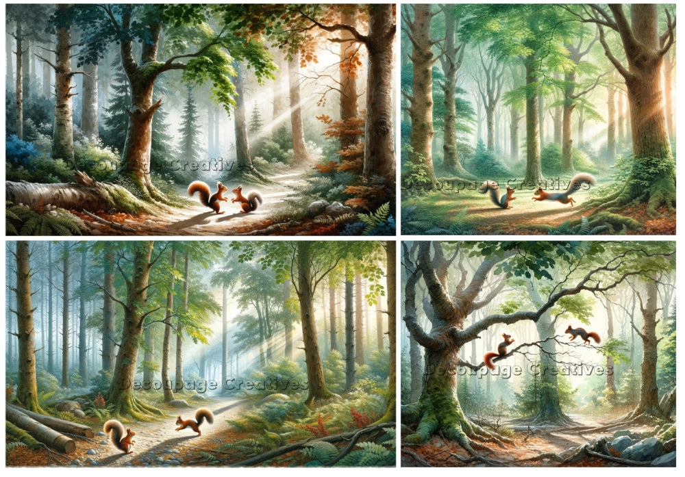 Squirrels playing in the green forest decoupage paper by Decoupage