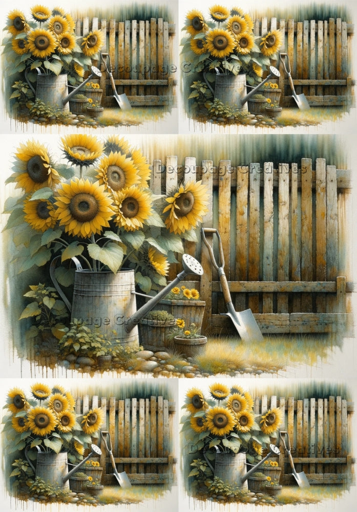 Gardening tools next to wood fence and sunflowers decoupage paper by Decoupage Creatives