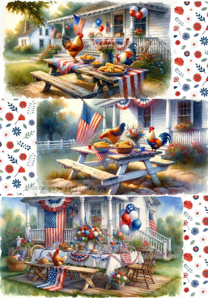 a colorful rooster and hen on a july 4th decorated picnic table pecking at the corn decoupage paper by Decoupage Paper Designs