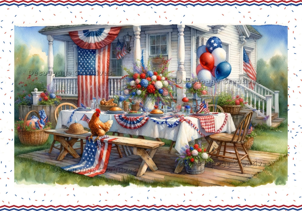a brown hen sitting on a picnic bench at a table decorated for the 4th of july in red white a blue decoupage paper by Decoupage Creatives