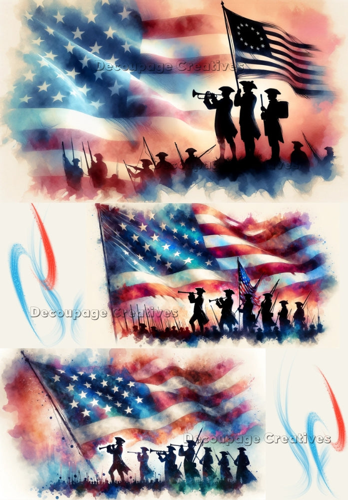 cenes in black shadow of colonial soldiers against an american flag decoupage paper by Decoupage Creatives