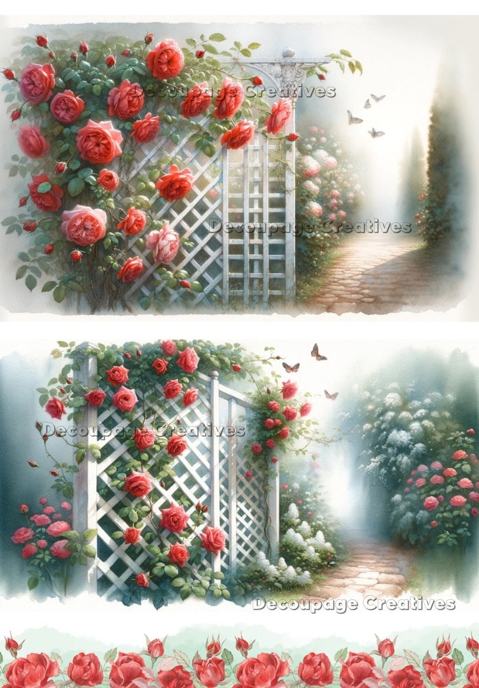 a white lattice fence with red climbing roses decoupage paper by Decoupage Creatives
