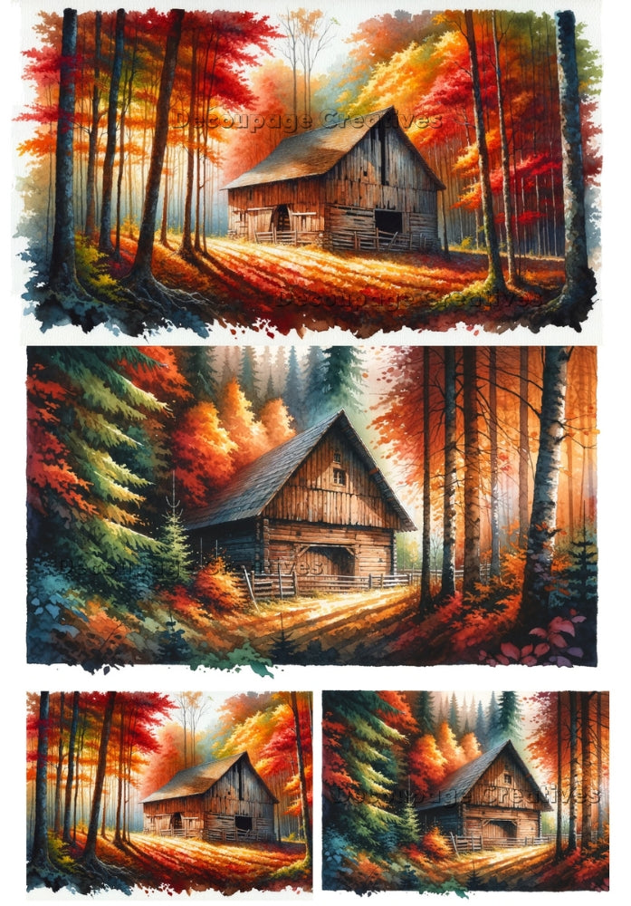 an old brown barn in the autumn forest decoupage paper by Decoupage Creatives