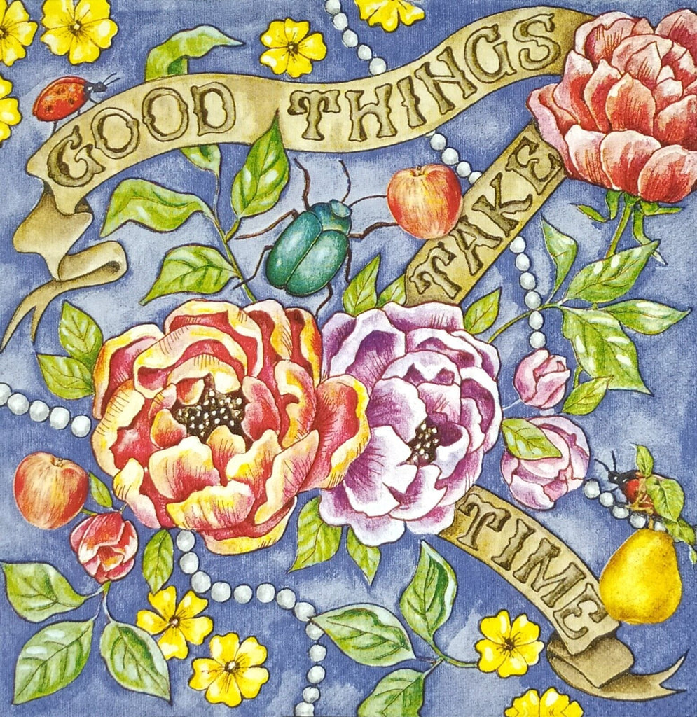 purple and orange blossom with ribbon in gold saying good things take time Decoupage Napkins