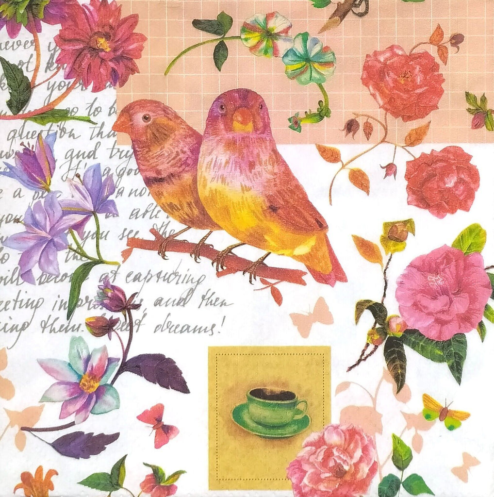 2 red and yellow birds on a stick with red and pink blossoms  a green cup of coffee and script Decoupage Napkins