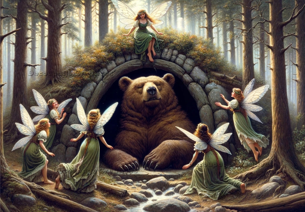 a brown bear waking up from hibernation surrounded by green clad fairies decoupage paper by Decoupage Creatives