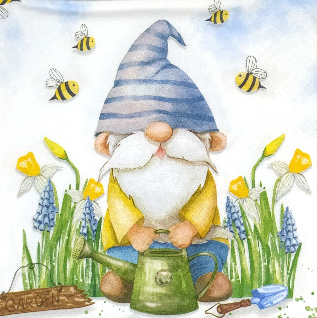 garden gnome in  yellow and blue with bees on white Decoupage Napkins