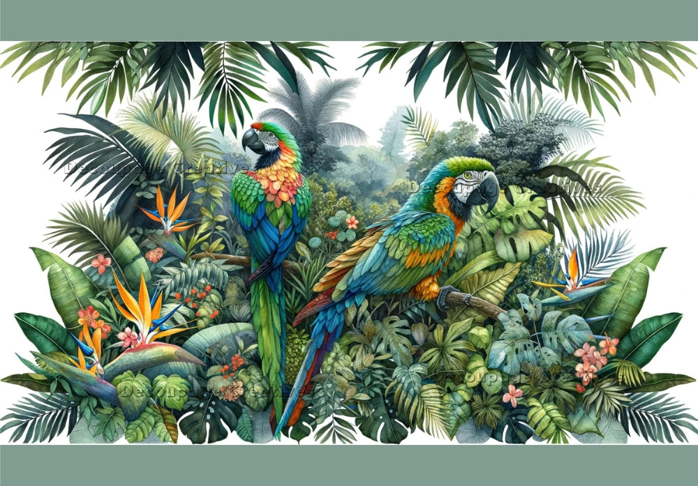 colorful green tropical parrots in a tree in the jungle decoupage paper by Decoupage Creatives