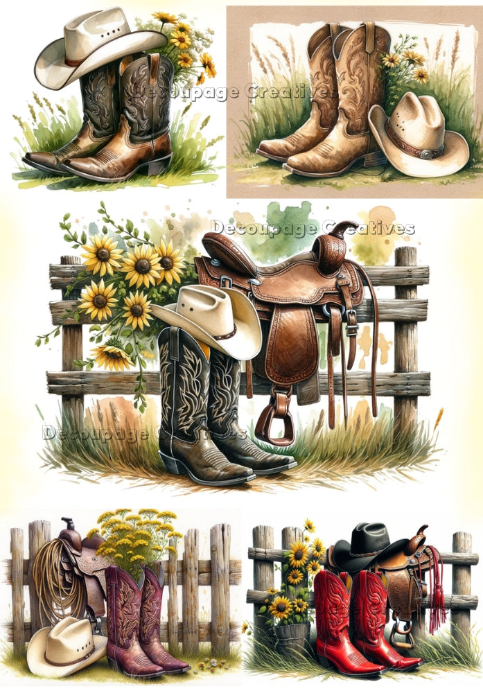 cow boy boots with a hat and flowers in different scenes decoupage paper by Decoupage Creatives