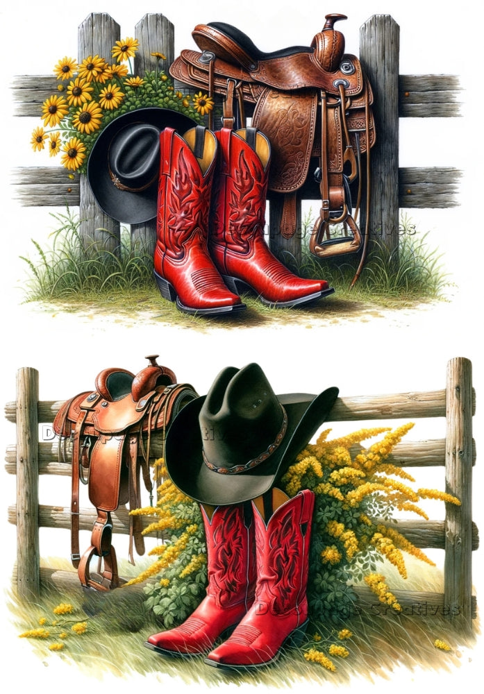 red cowboy boots by a wood fence with a saddle over it and yellow flowers decoupage paper by Decoupage Creatives