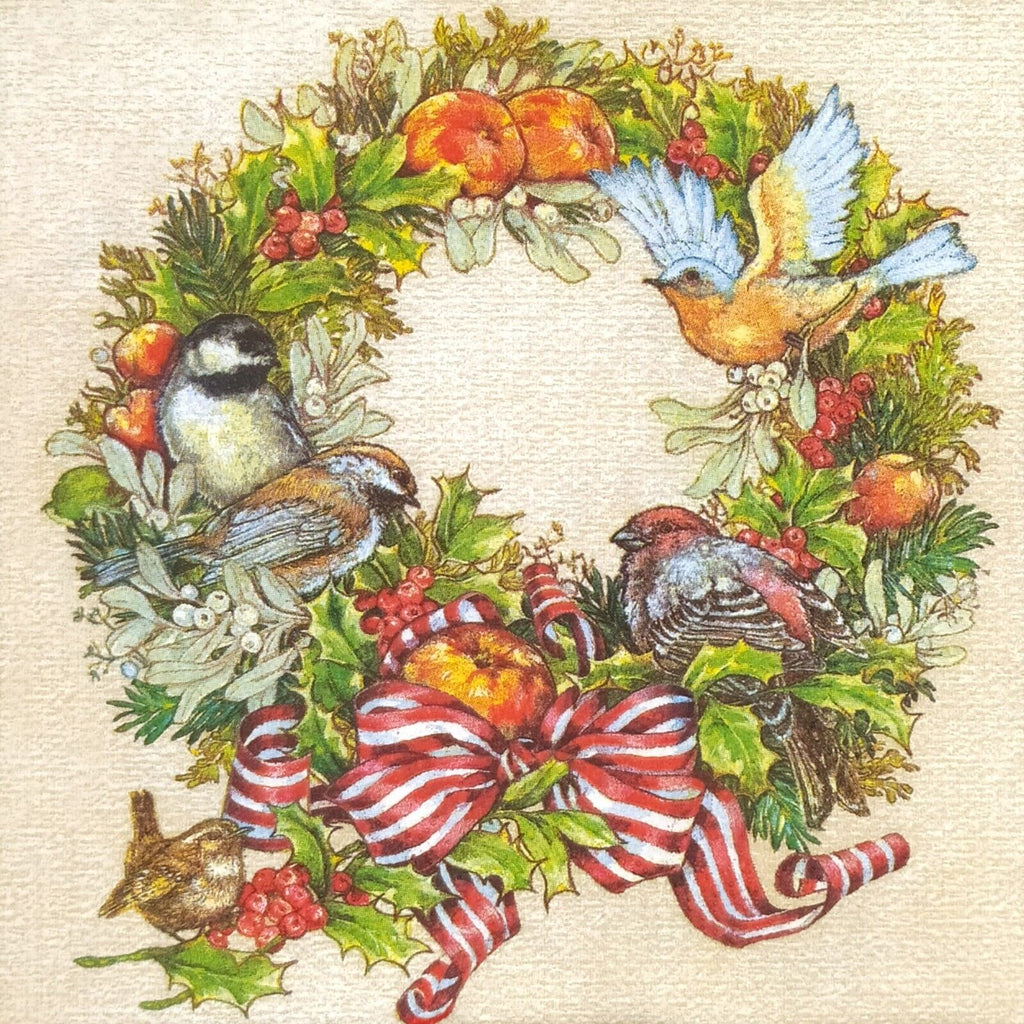 autumn wreath with apples, birds and red berries with a red and white striped ribbon on the bottom on tan  Decoupage Napkins