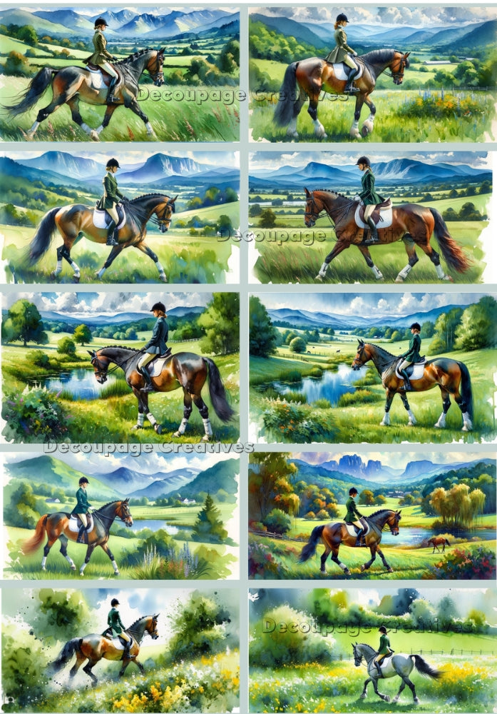 multiple scenes of woman riding english style in the mountains on brown horse decoupage paper by Decoupage Creatives