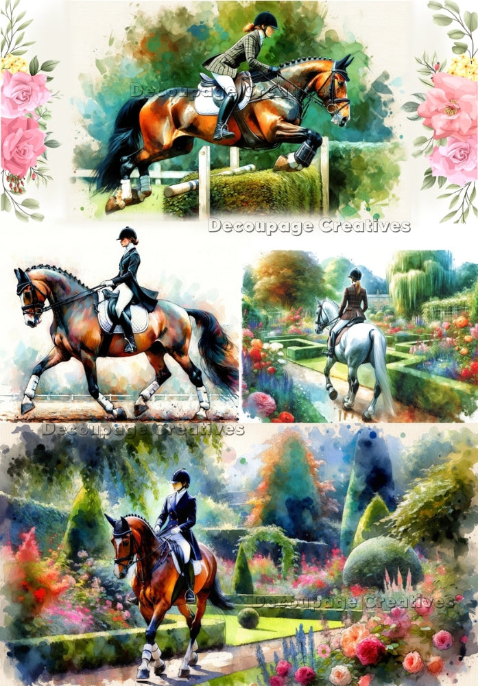 scenes of a woman riding english style on a brown horse wearing black and white uniform decoupage paper by Decoupage Creatives