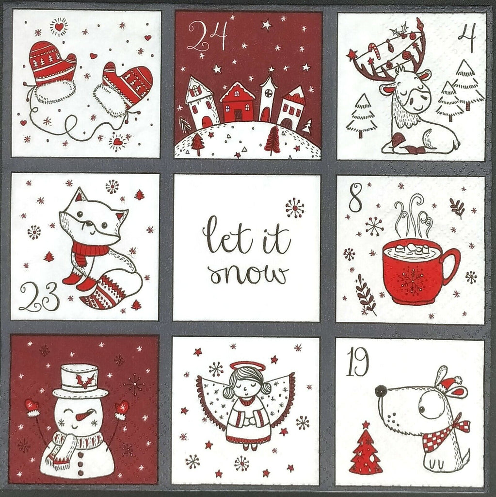nine squares of red and white with cartoon christmas scenes and dates of a calender  Decoupage Napkins