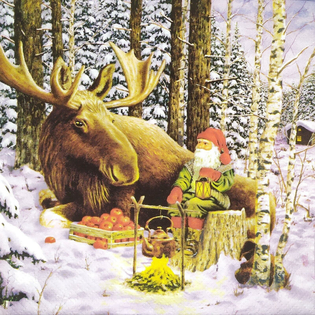 gnome with moose in forest with a campfied and coper tea kettle  Decoupage Napkins
