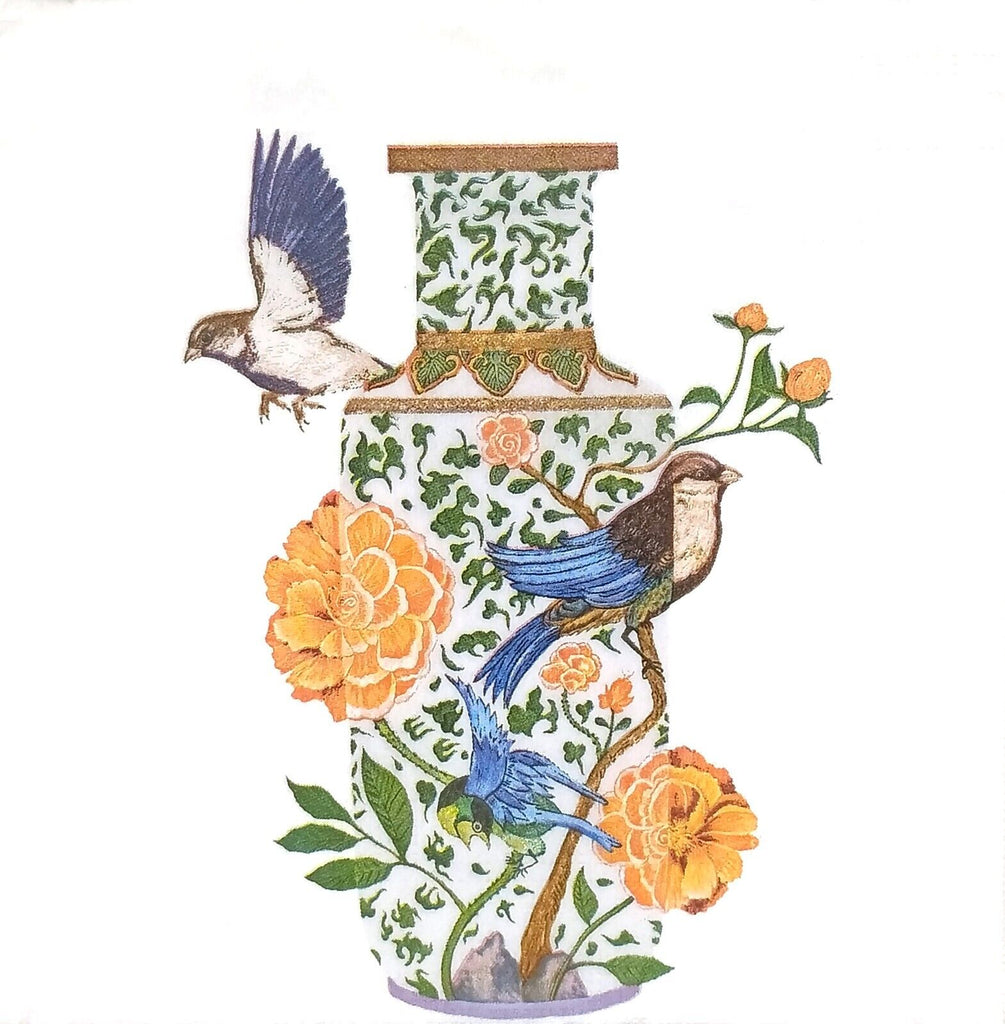 whte vase with green leaves, orange blossoms and blue birds  Decoupage Napkins