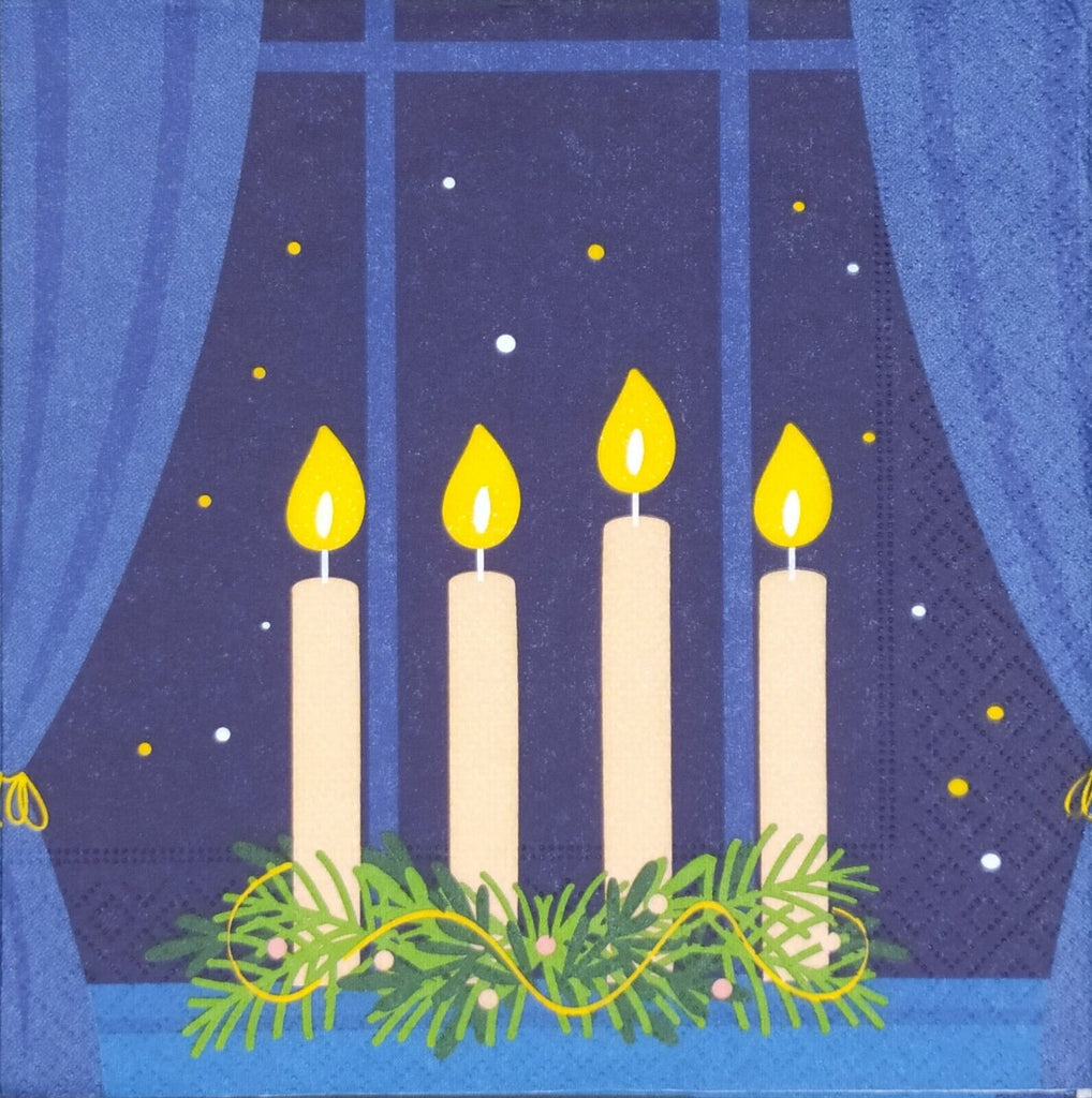 4 white candles in window lite with yellow flame at night with blue drapes  Decoupage Napkins