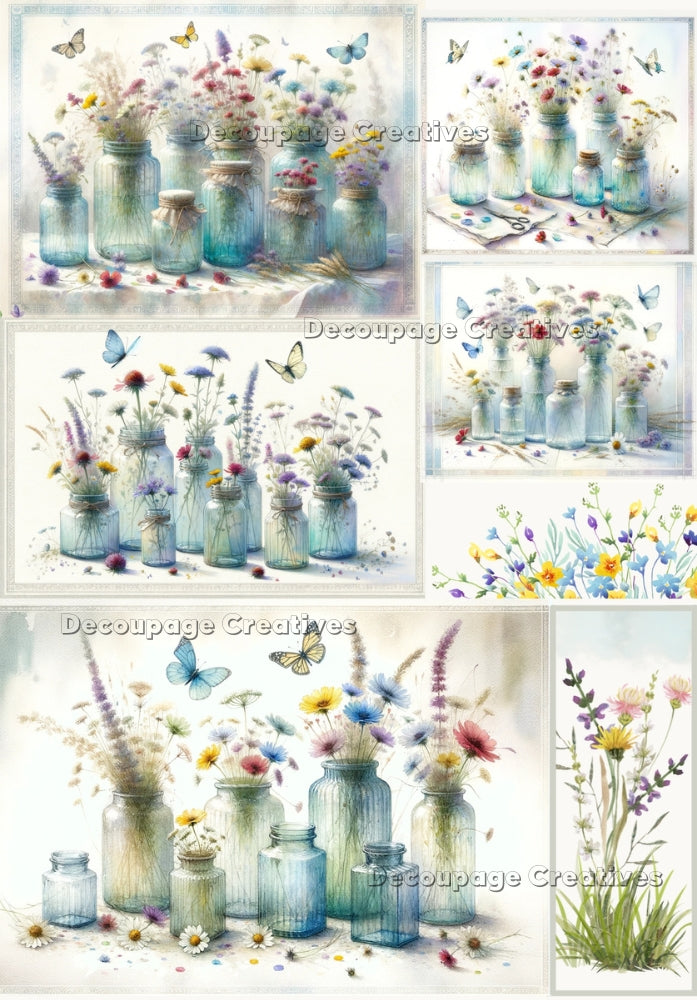 wild flowers in clear mason jars and colorful butterflies decoupage paper by Decoupage Creatives