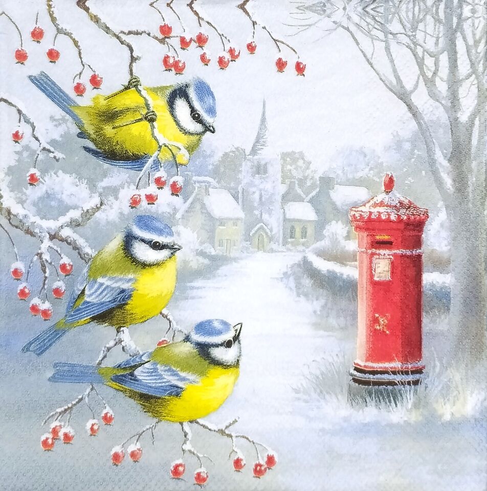 blue and yellow titmice on branches with red berries in the snow with red mail bin in country town Decoupage napkins